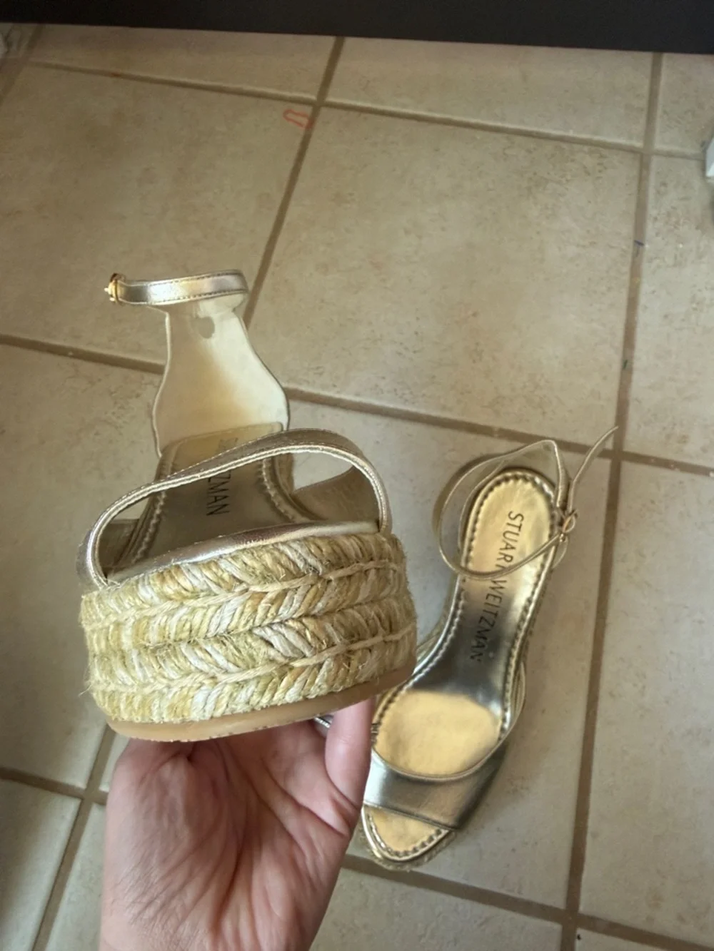 Stuart Weitzman Metallic Gold Espadrille Wedge with Ankle Strap size 8 NWOT - Picture 4 of 12